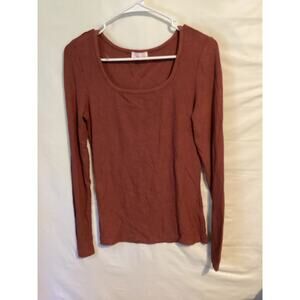 1742  Pink Lady Womens Long Sleeve Ribbed T-shirt Brownish Maroon Size Medium